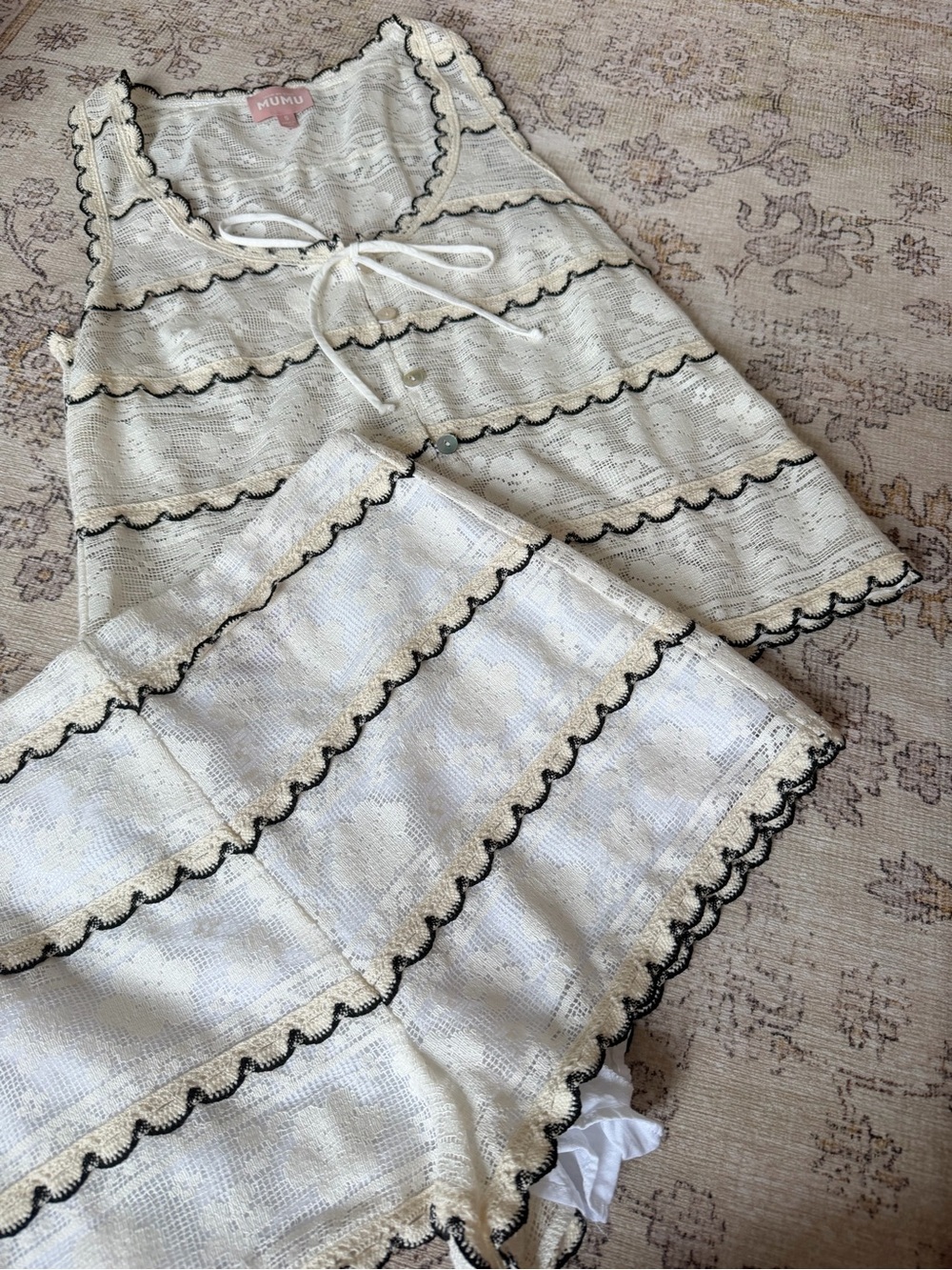 Show Me Your Mumu Cream Scalloped Lace Shorts & Top Set - Cream with Black Trim